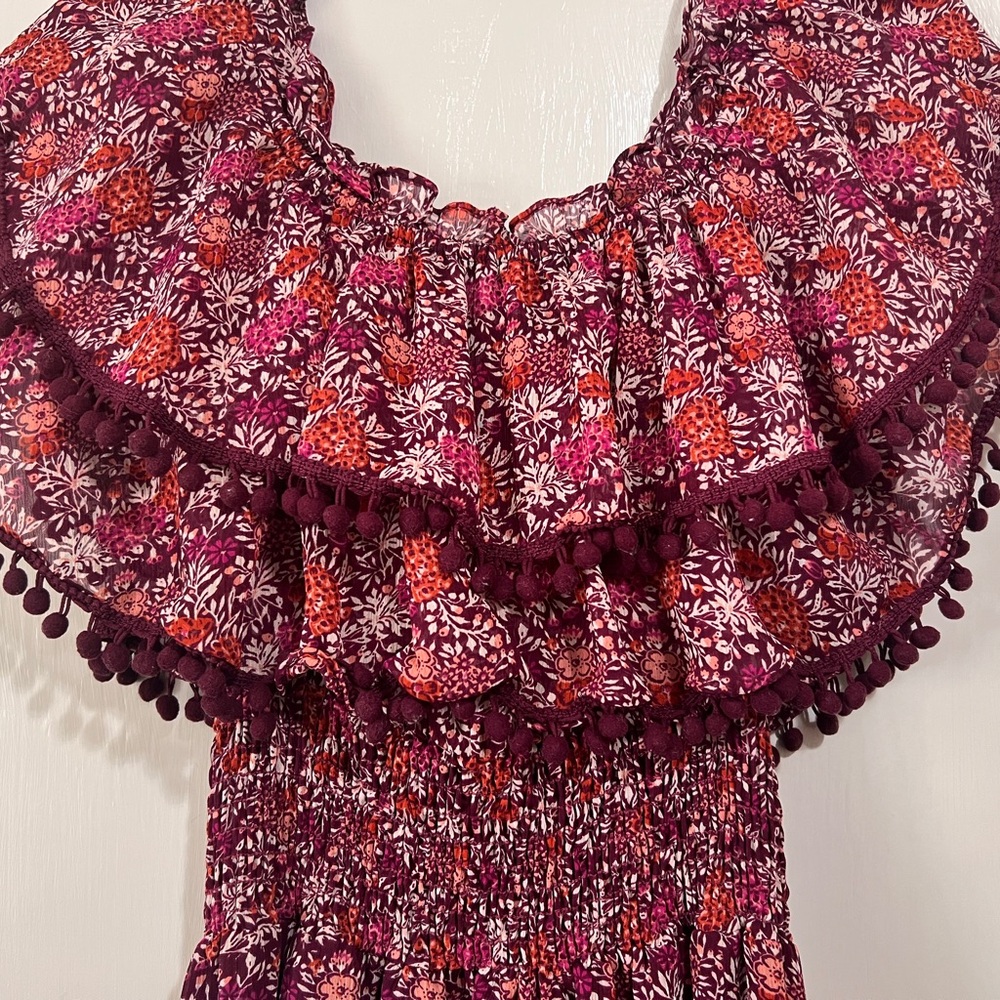 Misa Los Angeles Strapless Floral Ruffle Dress in Burgundy and Pink